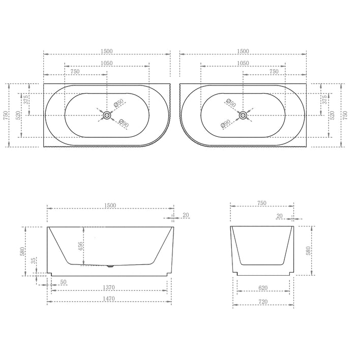 Brighton Groove Oval Freestanding Left Corne Bathtub 1500mm (No Overflow)