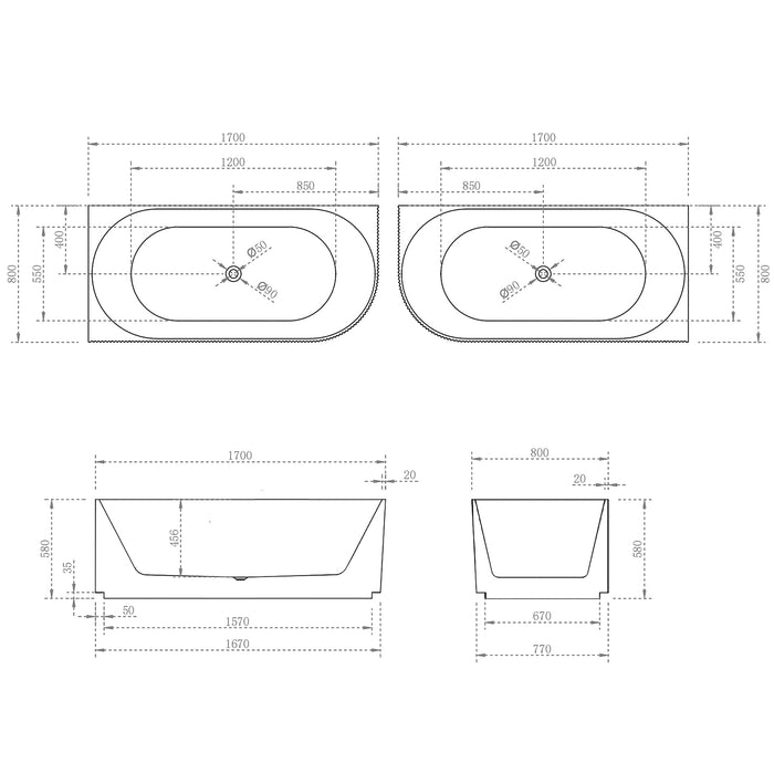 Brighton Groove Oval Freestanding Right Corne Bathtub 1700mm (No Overflow)