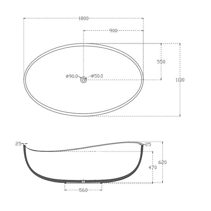 Wave Oval Freestanding Bathtub 1800mm (No Overflow)