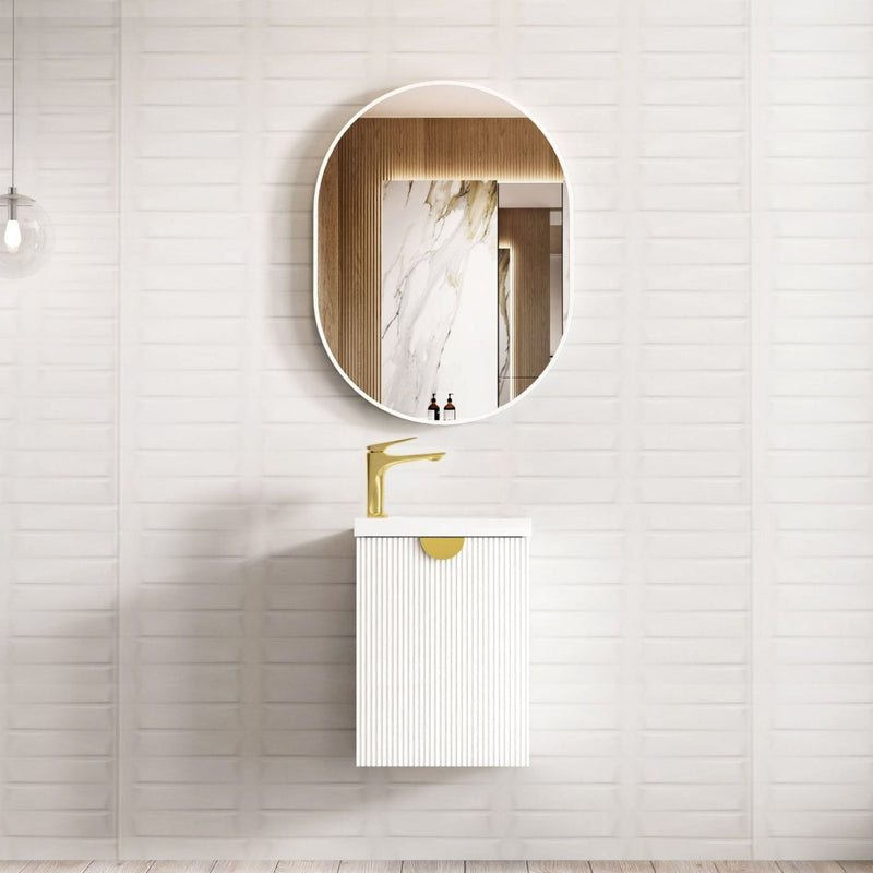 Otti Ensuite Matte White Fluted 400mm Space Saving Single Bowl Wall Hung Vanity With Ceramic Top