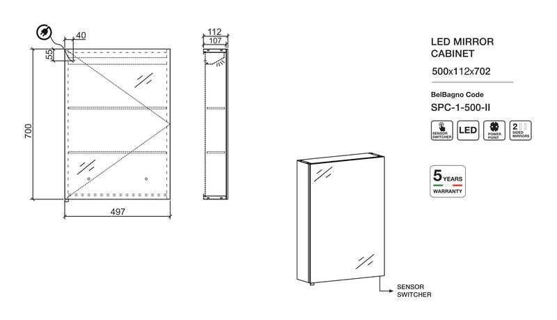 Belbagno - Belbagno Aluminium LED Mirror Cabinet 500mm- Aluminium - Aqualux Bathrooms