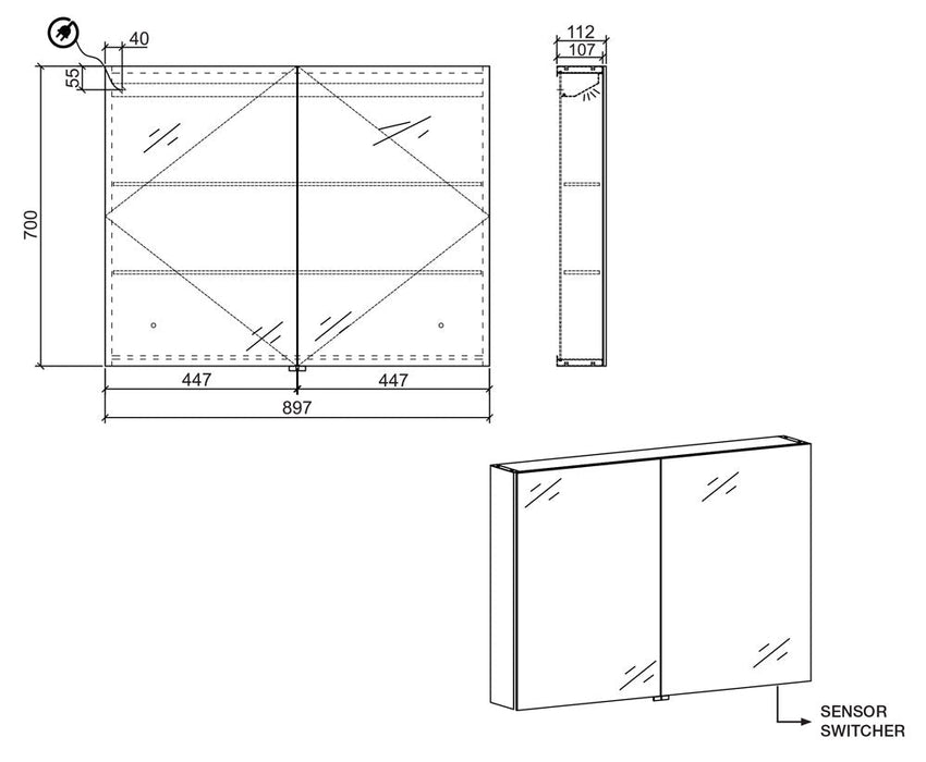 Belbagno Aluminium LED Mirror Cabinet 900mm- Aluminium