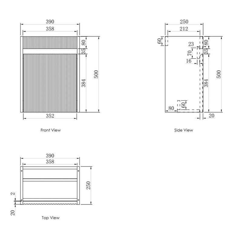 Otti Ensuite Woodland Oak Fluted 400mm Space Saving Single Bowl Wall Hung Vanity With Ceramic Top