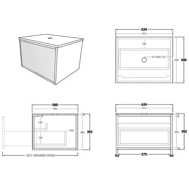 Bellevue Wall Hung Standard Vanity 600 (Coastal Oak) - Aqualux Bathrooms- Poseidon