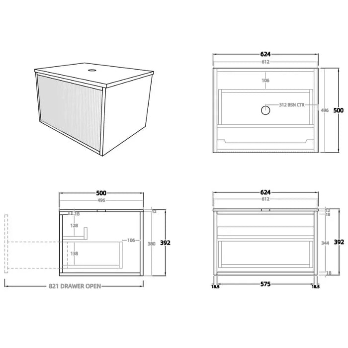 Bellevue Wall Hung Standard Vanity 600 (Prime Oak)