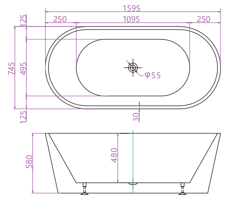 Riva Shanty Oval Freestanding Bathtub 1600mm - Gloss White