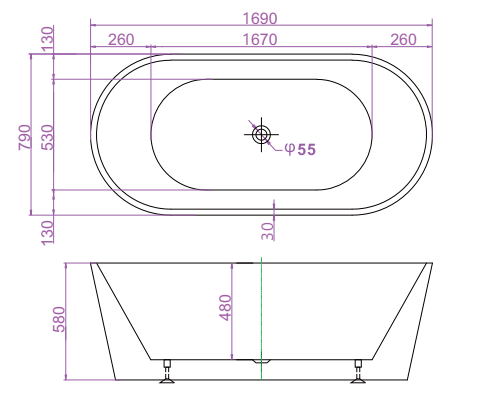 Riva Shanty Oval Freestanding Bathtub 1700mm - Gloss White