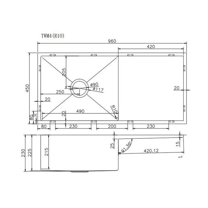 Chrome 960*450*230mm Kitchen Sink Round Corner Stainless Steel Single Bowl with Drain Board