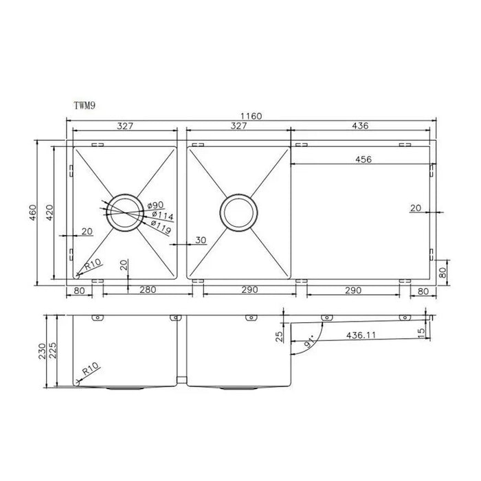 Chrome 1160*460*230mm Kitchen Sink Round Corner Stainless Steel Double Bowl with Drain Board