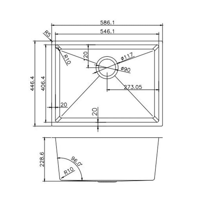 Chrome 586*450*230mm Kitchen Sink Round Corner Stainless Steel Single Bowl