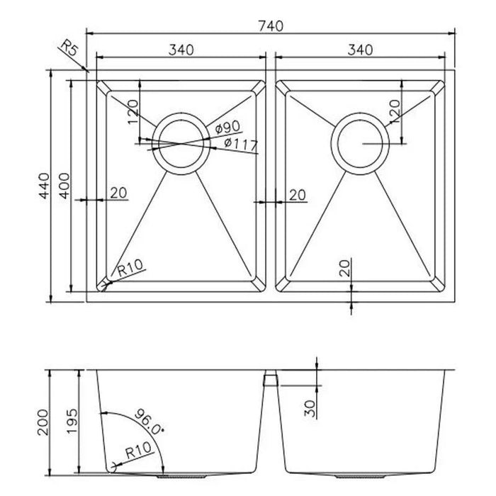 Chrome 740*440*200mm Kitchen Sink Round Corner Stainless Steel Double Bowl