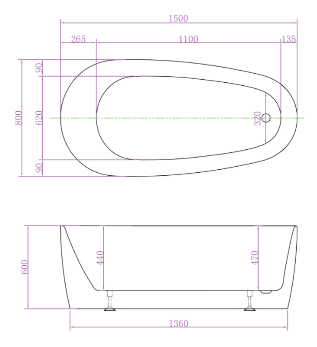 Riva Vista Super Slim Edge Egg Shape Freestanding Bathtub 1500mm - Matt White