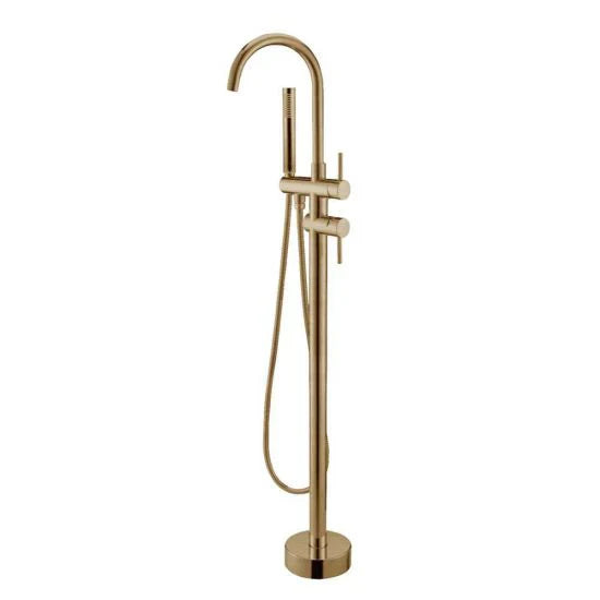 Round Brushed Brass Freestanding Shower Mixer With Handheld Shower