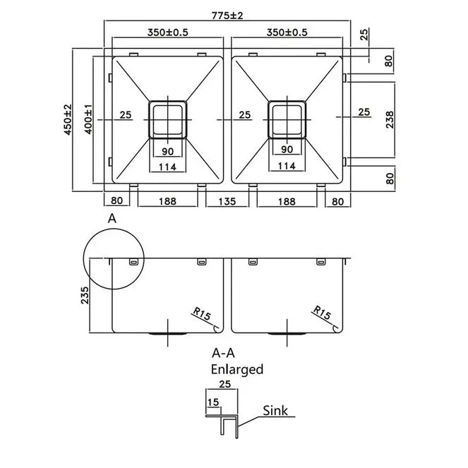 Handmade Double Bowl Kitchen Sink 775mm