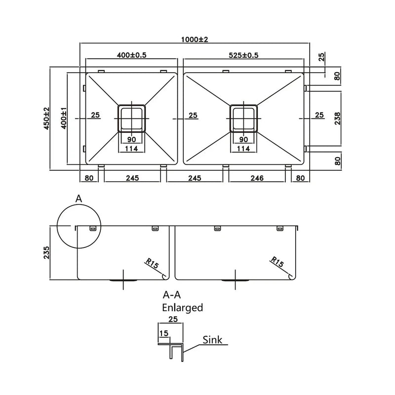 Handmade Double Bowl Kitchen Sink 1000mm