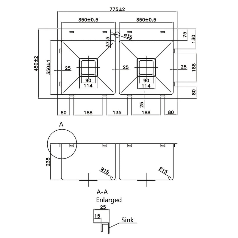 Handmade Stainless Steel Double Bowl Kitchen Sink 775mm
