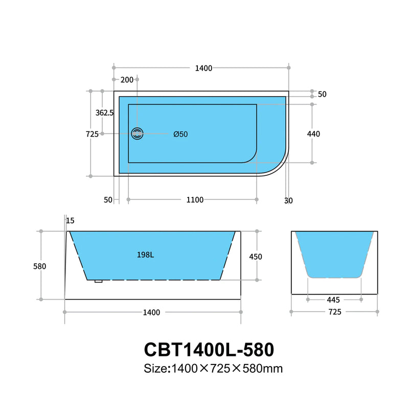 Multi-Fit Bathtub Gloss White 580mm