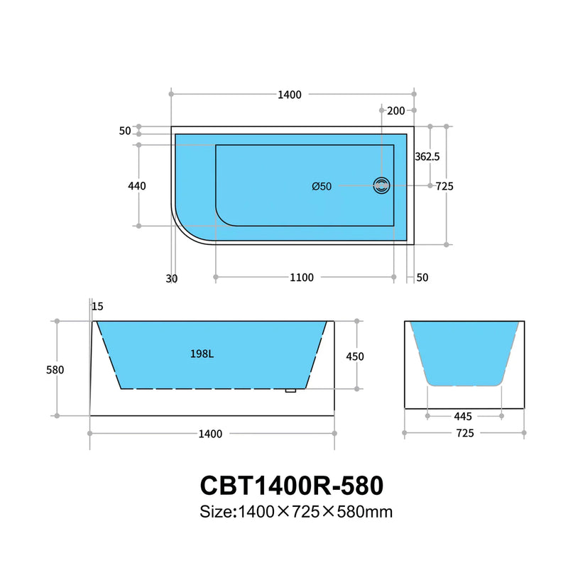 Multi-Fit Bathtub Gloss White 580mm