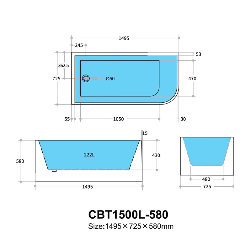 Multi-Fit Bathtub Gloss White 580mm