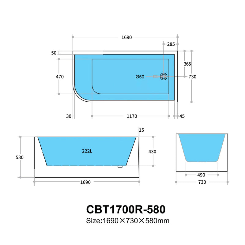 Multi-Fit Bathtub Gloss White 580mm