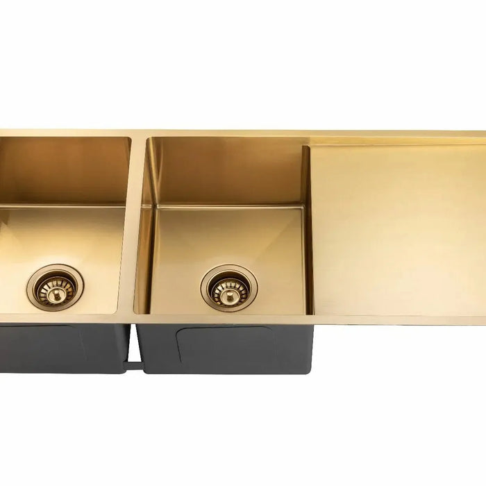 Brushed Brass 1160*460*230mm Kitchen Sink Round Corner Stainless Steel Double Bowl (with Bottom Tray)