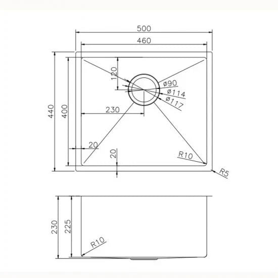 Gun Metal Grey 500*440*230mm Kitchen Sink Round Corner Stainless Steel Single Bowl (with Bottom Tray)