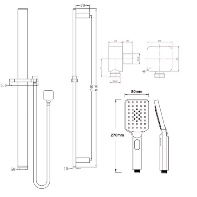 Square Sliding Shower Rail With 3 Mode Handheld Shower Wall Connector Set