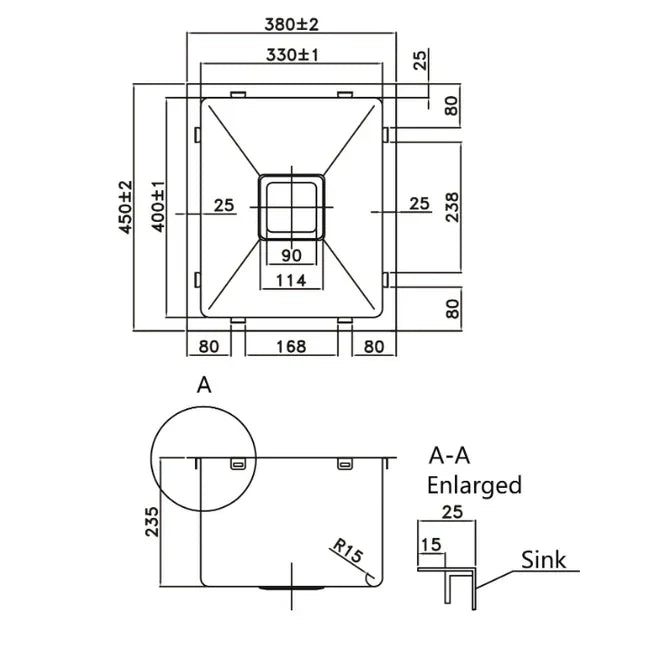 Square Waste Handmade Stainless Steel Kitchen Sink 380mm