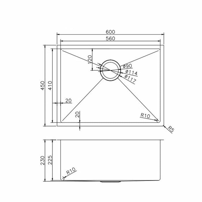 Gun Metal Grey 600*450*230mm Kitchen Sink Round Corner Stainless Steel Single Bowl (with Bottom Tray)