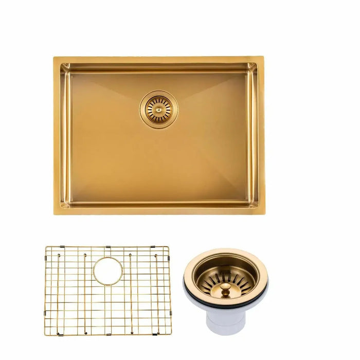 Brushed Brass 600*450*300mm Kitchen Sink Round Corner Stainless Steel Single Bowl (with Bottom Tray)