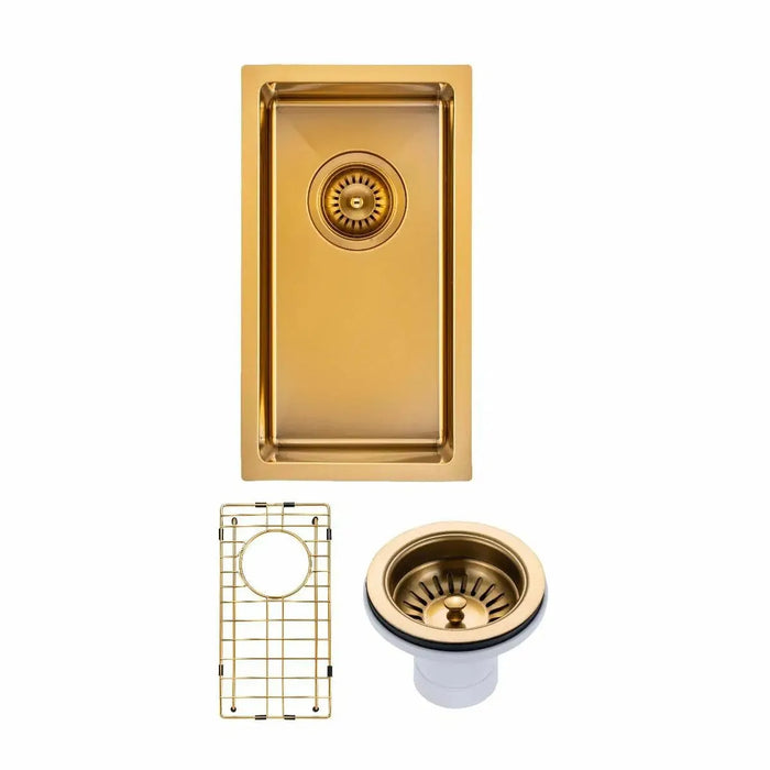 Brushed Brass 250*450*215mm Kitchen Sink Round Corner Stainless Steel Single Bowl (with Bottom Tray)