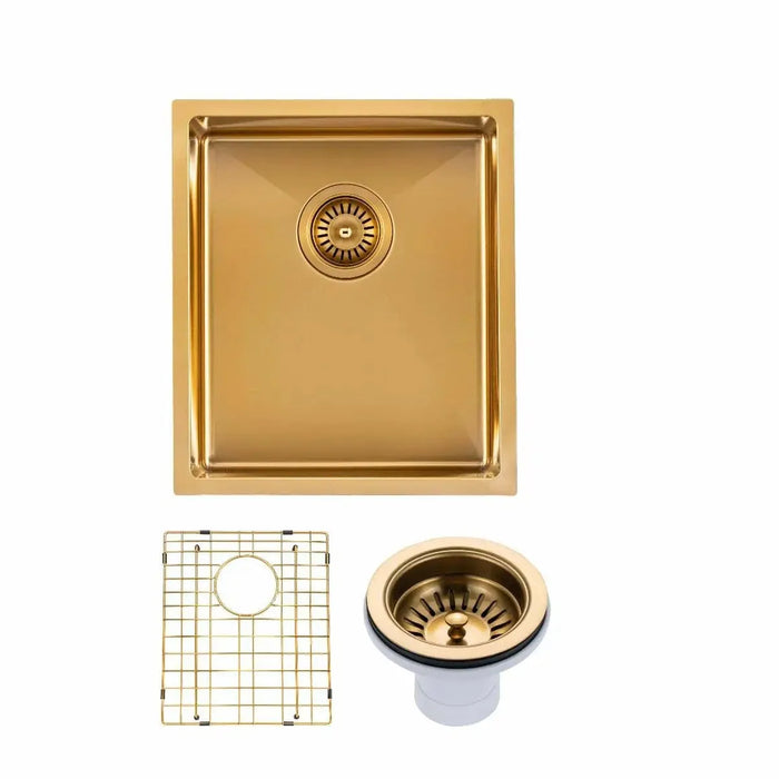 Brushed Brass  390*450*215mm Kitchen Sink Round Corner Stainless Steel Single Bowl (with Bottom Tray)