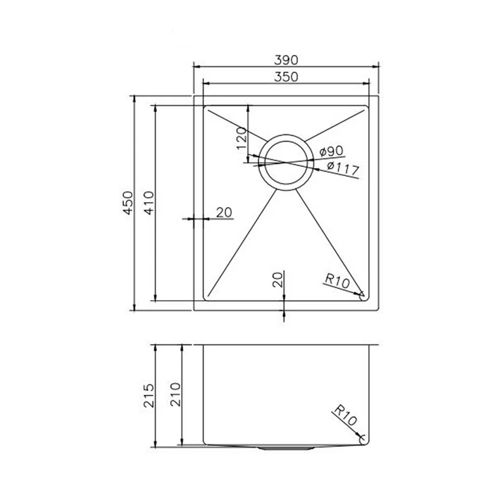 Metal Grey 390*450*215mm Kitchen Sink Round Corner Stainless Steel Single Bowl (with Bottom Tray)