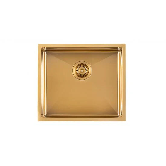 Brushed Brass 500*440*230mm Kitchen Sink Round Corner Stainless Steel Single Bowl (with Bottom Tray)