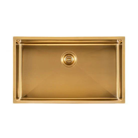 Brushed Brass 762*457*254mm Kitchen Sink Round Corner Stainless Steel Single Bowl (with Bottom Tray)