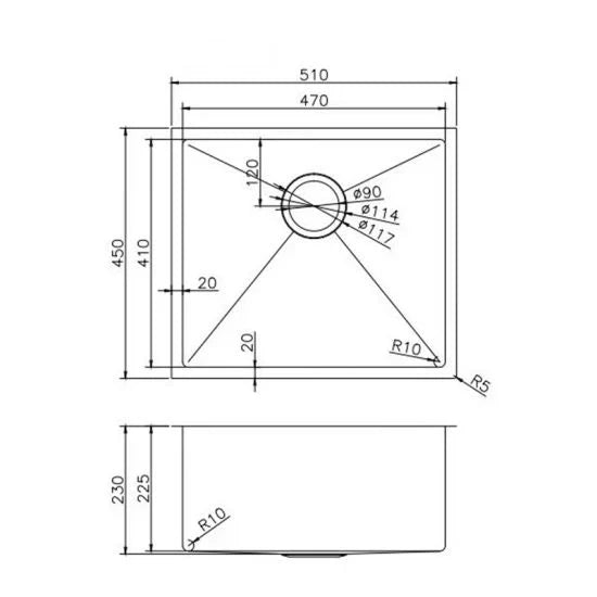 Brushed Brass 510*450*230mm Kitchen Sink Round Corner Stainless Steel Single Bowl (with Bottom Tray)