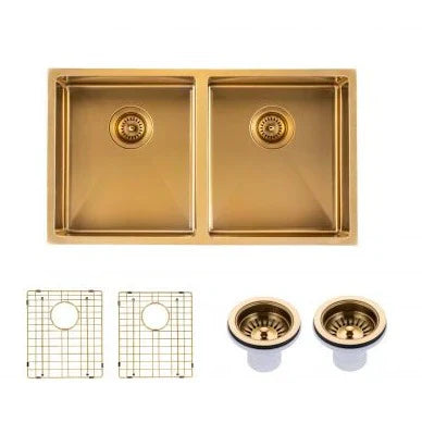 Brushed Brass 770*450*215mm Kitchen Sink Round Corner Stainless Steel Double Bowl (with Bottom Tray)