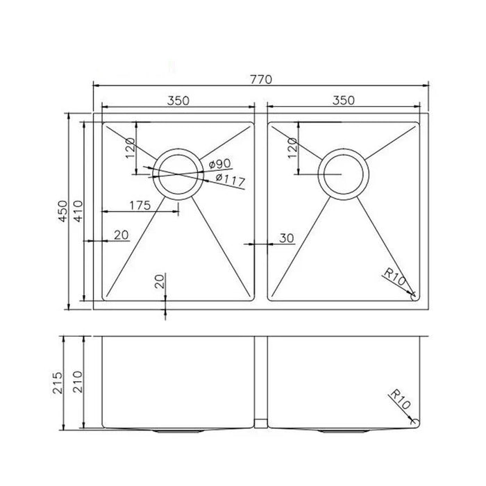 Brushed Brass 770*450*215mm Kitchen Sink Round Corner Stainless Steel Double Bowl (with Bottom Tray)