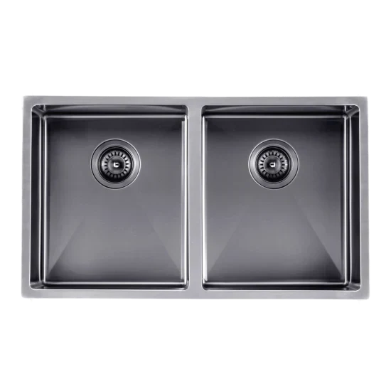 Gun Metal Grey 770*450*215mm Kitchen Sink Round Corner Stainless Steel Double Bowl (with Bottom Tray)