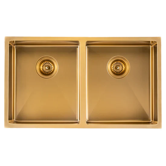 Brushed Brass 770*450*215mm Kitchen Sink Round Corner Stainless Steel Double Bowl (with Bottom Tray)