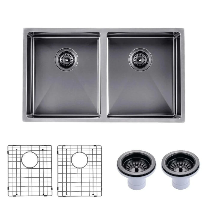 Gun Metal Grey 770*450*215mm Kitchen Sink Round Corner Stainless Steel Double Bowl (with Bottom Tray)