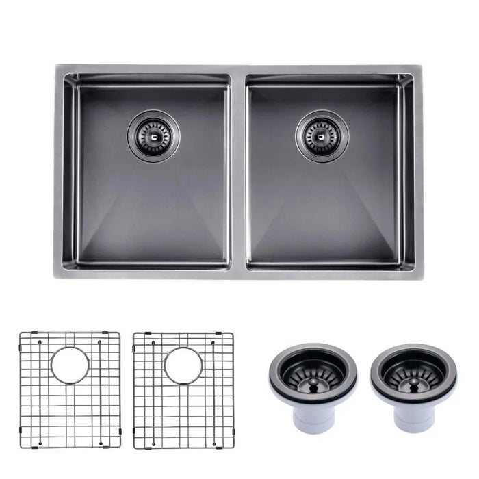 Gun Metal Grey 820*457*230mm Kitchen Sink Round Corner Stainless Steel Double Bowl (with Bottom Tray)