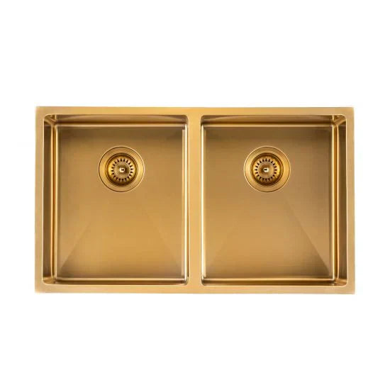 Brushed Brass 820*457*230mm Kitchen Sink Round Corner Stainless Steel Double Bowl (with Bottom Tray)