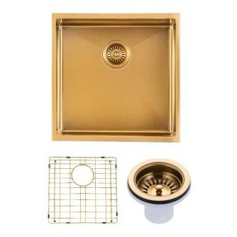 Brushed Brass 440*440*205mm Kitchen Sink Round Corner Stainless Steel Single Bowl (with Bottom Tray)