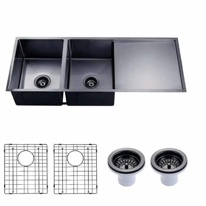 Gun Metal Grey 1160*460*230mm Kitchen Sink Round Corner Stainless Steel Double Bowl (with Bottom Tray)