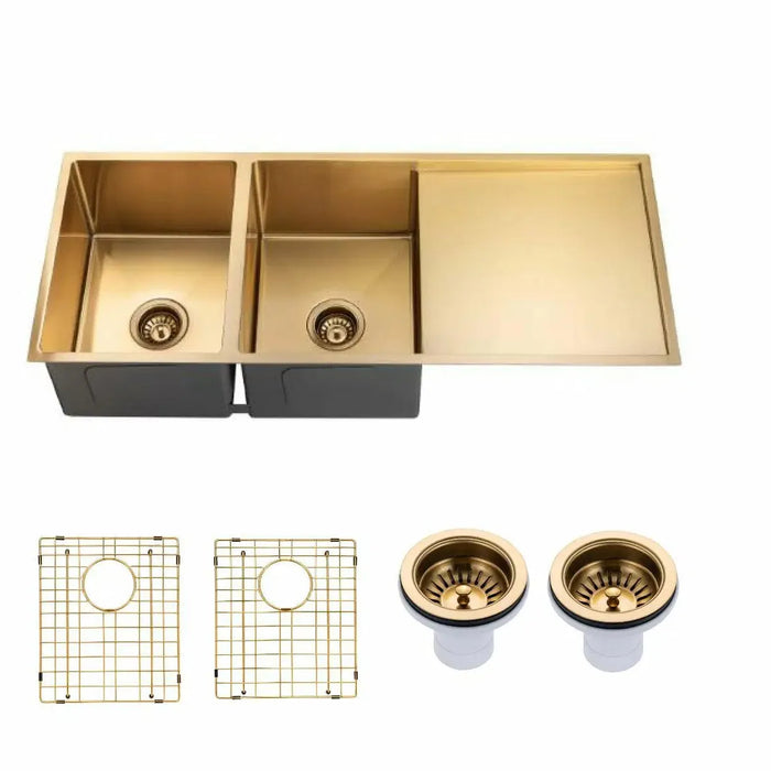 Brushed Brass 1160*460*230mm Kitchen Sink Round Corner Stainless Steel Double Bowl (with Bottom Tray)