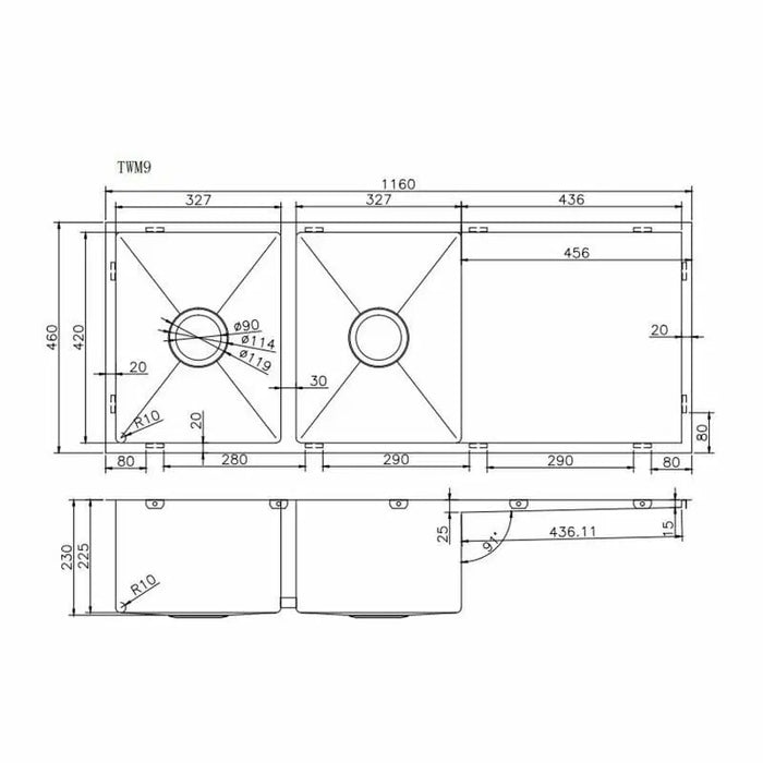 Gun Metal Grey 1160*460*230mm Kitchen Sink Round Corner Stainless Steel Double Bowl (with Bottom Tray)